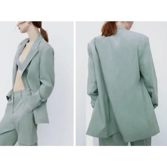 Zara Double Breasted Soft Oversized Blazer Jacket Light Green Shoulder Pads - Picture 13 of 13